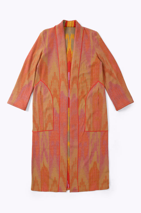Reversible long coat in cotton blend patterned jacquard